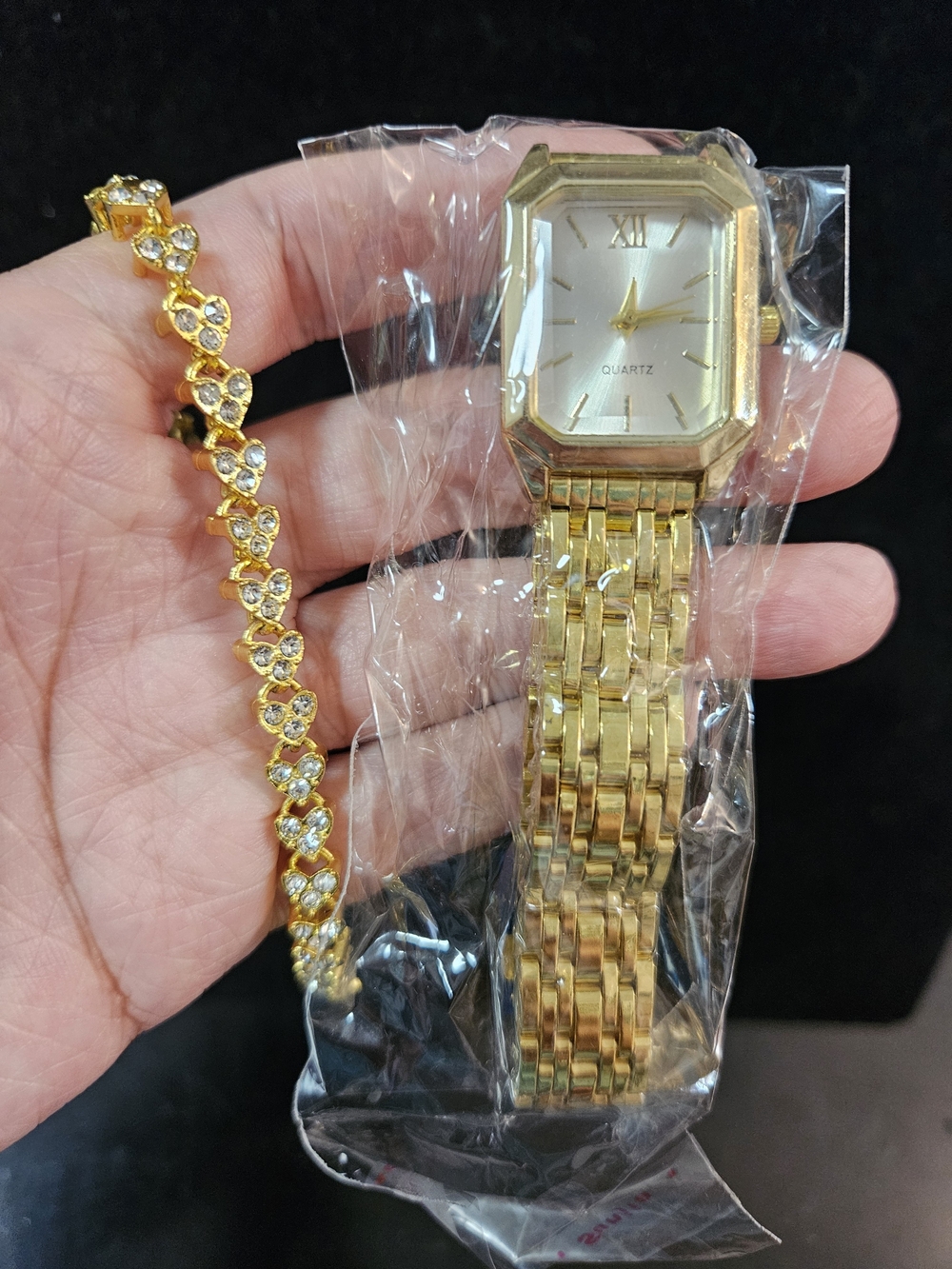 Gold Plated Women’s Quartz Watch and Crystal Link Bracelet Set